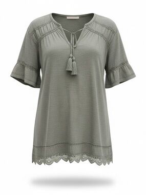 Artesia Size Xl Super Soft Women's Blue-Gray Short Sleeve Tassel Top